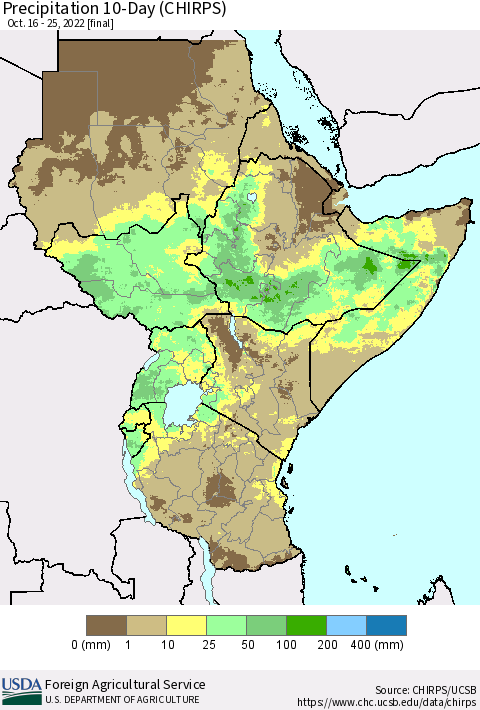 Eastern Africa Precipitation 10-Day (CHIRPS) Thematic Map For 10/16/2022 - 10/25/2022