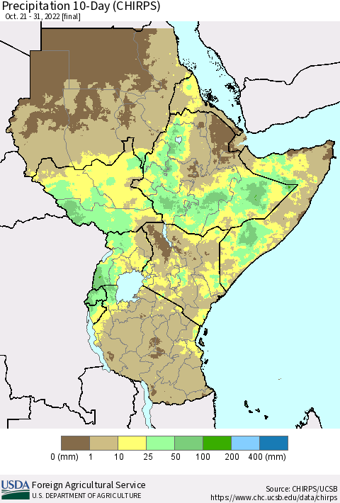 Eastern Africa Precipitation 10-Day (CHIRPS) Thematic Map For 10/21/2022 - 10/31/2022