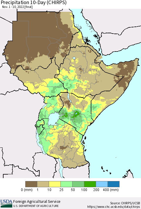 Eastern Africa Precipitation 10-Day (CHIRPS) Thematic Map For 11/1/2022 - 11/10/2022