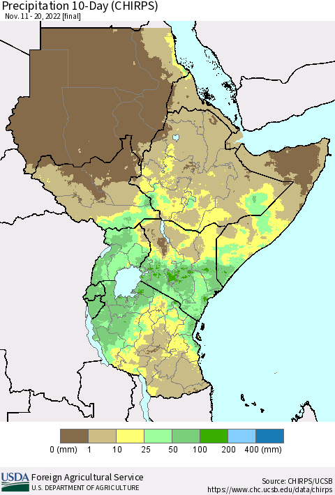 Eastern Africa Precipitation 10-Day (CHIRPS) Thematic Map For 11/11/2022 - 11/20/2022