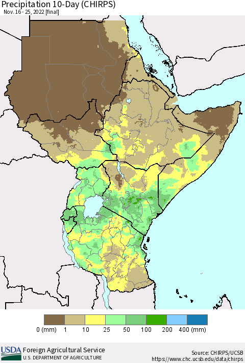 Eastern Africa Precipitation 10-Day (CHIRPS) Thematic Map For 11/16/2022 - 11/25/2022