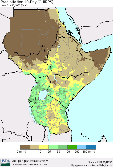 Eastern Africa Precipitation 10-Day (CHIRPS) Thematic Map For 11/21/2022 - 11/30/2022