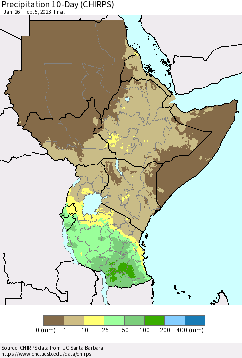 Eastern Africa Precipitation 10-Day (CHIRPS) Thematic Map For 1/26/2023 - 2/5/2023