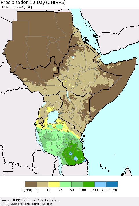 Eastern Africa Precipitation 10-Day (CHIRPS) Thematic Map For 2/1/2023 - 2/10/2023