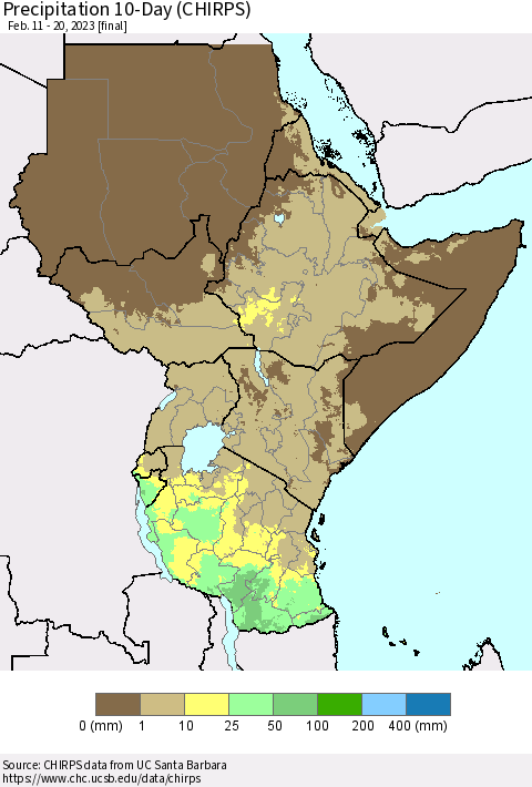 Eastern Africa Precipitation 10-Day (CHIRPS) Thematic Map For 2/11/2023 - 2/20/2023