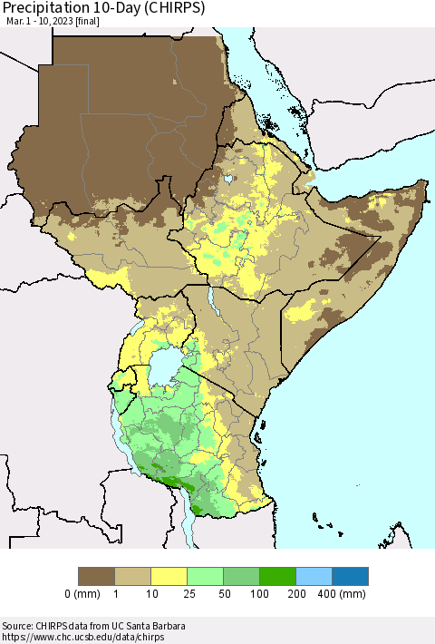 Eastern Africa Precipitation 10-Day (CHIRPS) Thematic Map For 3/1/2023 - 3/10/2023