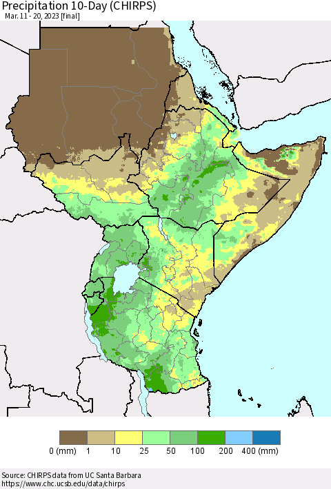 Eastern Africa Precipitation 10-Day (CHIRPS) Thematic Map For 3/11/2023 - 3/20/2023