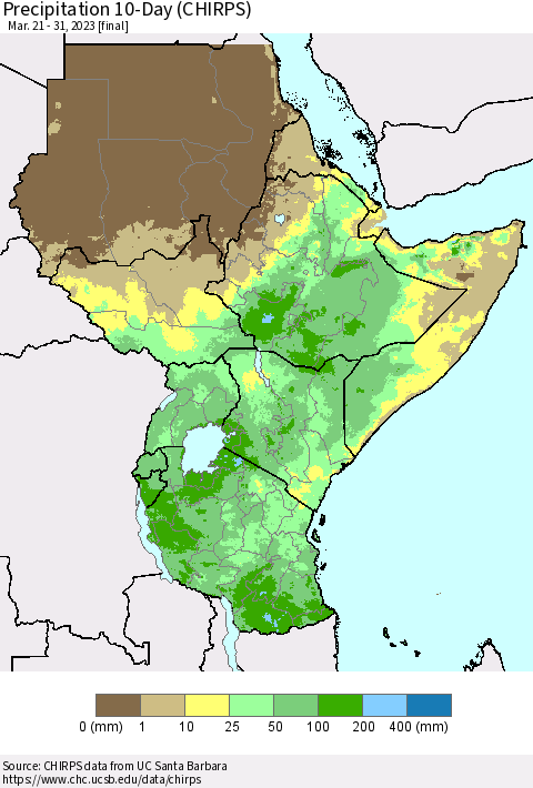 Eastern Africa Precipitation 10-Day (CHIRPS) Thematic Map For 3/21/2023 - 3/31/2023