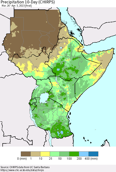 Eastern Africa Precipitation 10-Day (CHIRPS) Thematic Map For 3/26/2023 - 4/5/2023