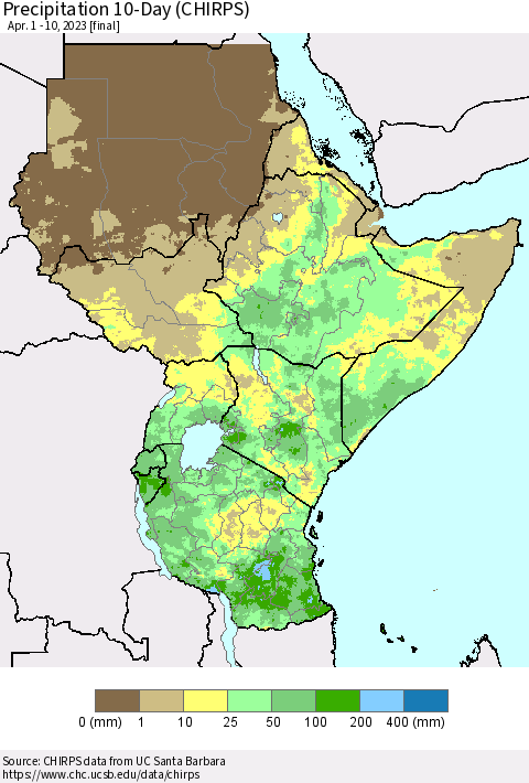Eastern Africa Precipitation 10-Day (CHIRPS) Thematic Map For 4/1/2023 - 4/10/2023