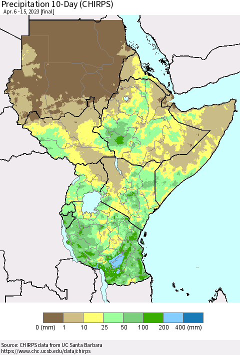 Eastern Africa Precipitation 10-Day (CHIRPS) Thematic Map For 4/6/2023 - 4/15/2023