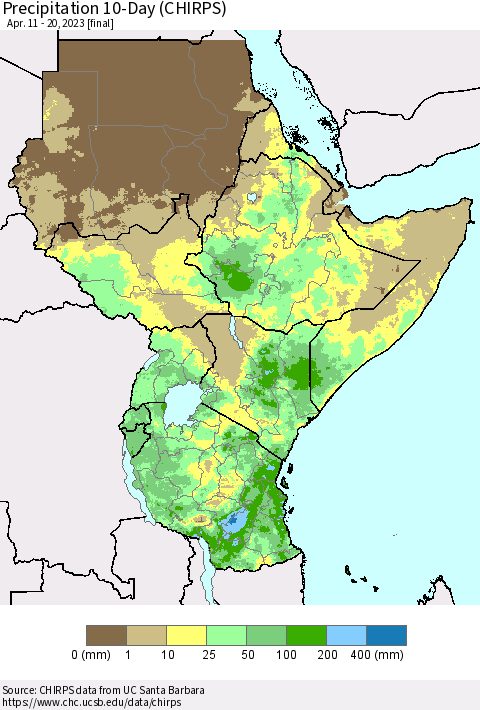 Eastern Africa Precipitation 10-Day (CHIRPS) Thematic Map For 4/11/2023 - 4/20/2023