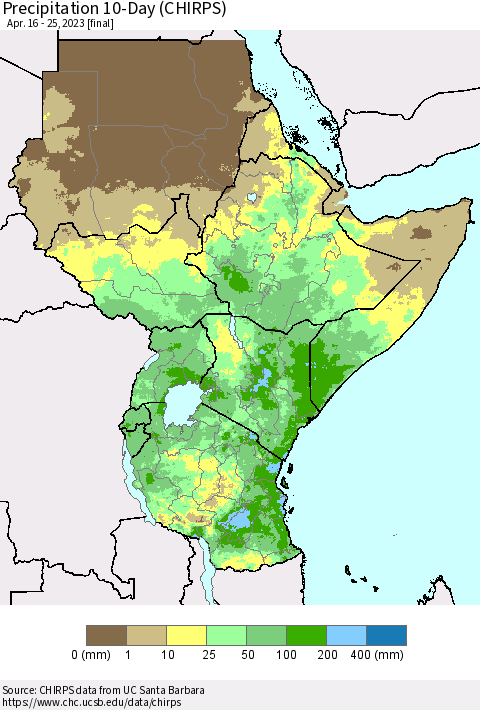 Eastern Africa Precipitation 10-Day (CHIRPS) Thematic Map For 4/16/2023 - 4/25/2023
