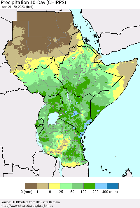 Eastern Africa Precipitation 10-Day (CHIRPS) Thematic Map For 4/21/2023 - 4/30/2023
