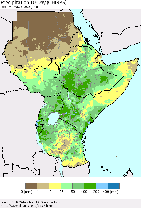 Eastern Africa Precipitation 10-Day (CHIRPS) Thematic Map For 4/26/2023 - 5/5/2023