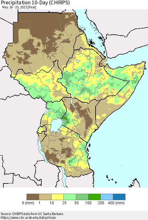 Eastern Africa Precipitation 10-Day (CHIRPS) Thematic Map For 5/16/2023 - 5/25/2023