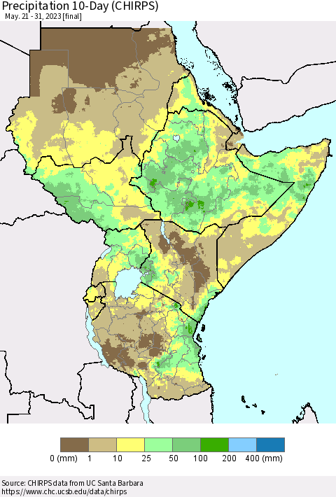 Eastern Africa Precipitation 10-Day (CHIRPS) Thematic Map For 5/21/2023 - 5/31/2023