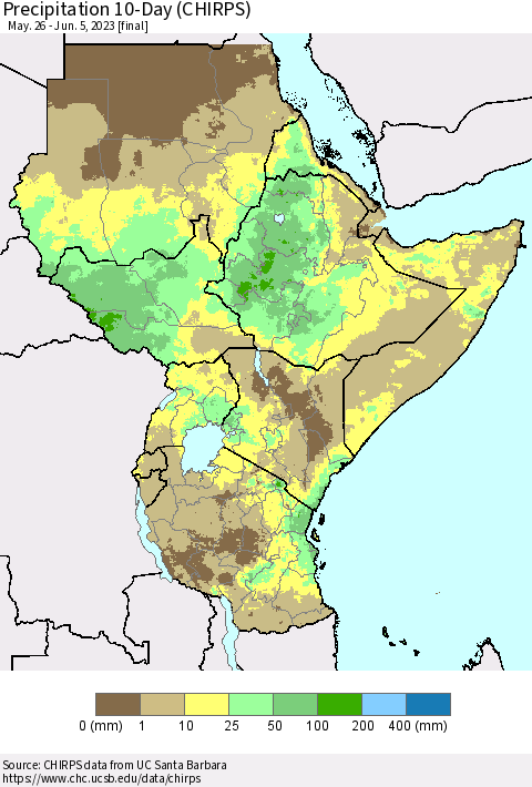 Eastern Africa Precipitation 10-Day (CHIRPS) Thematic Map For 5/26/2023 - 6/5/2023
