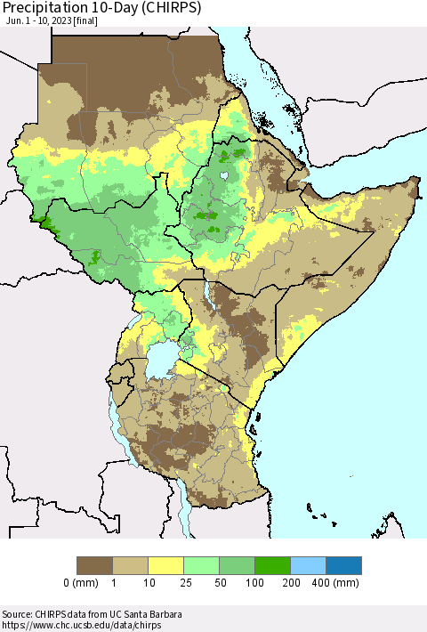 Eastern Africa Precipitation 10-Day (CHIRPS) Thematic Map For 6/1/2023 - 6/10/2023