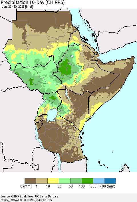 Eastern Africa Precipitation 10-Day (CHIRPS) Thematic Map For 6/21/2023 - 6/30/2023