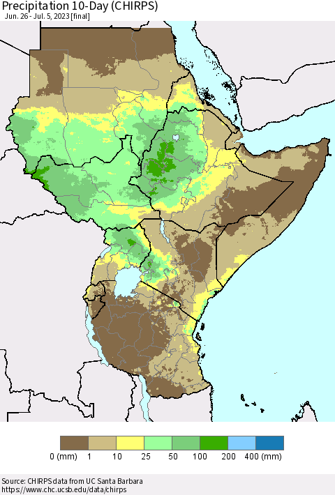 Eastern Africa Precipitation 10-Day (CHIRPS) Thematic Map For 6/26/2023 - 7/5/2023