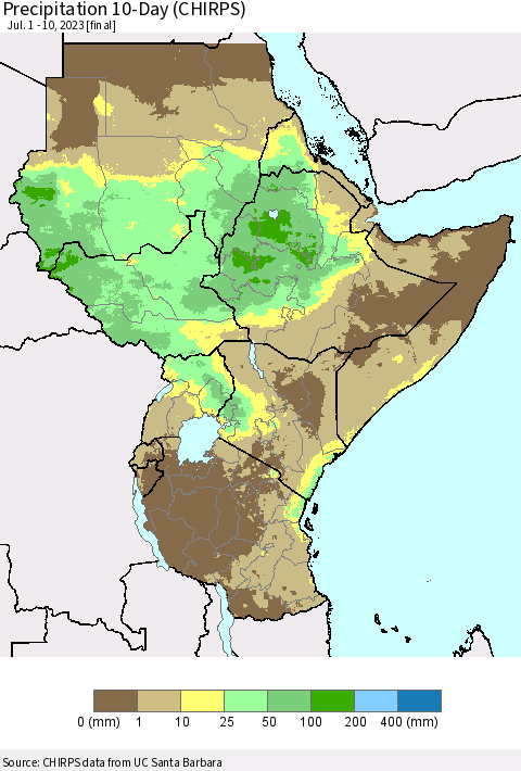 Eastern Africa Precipitation 10-Day (CHIRPS) Thematic Map For 7/1/2023 - 7/10/2023