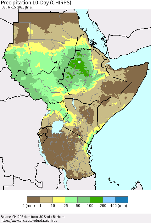 Eastern Africa Precipitation 10-Day (CHIRPS) Thematic Map For 7/6/2023 - 7/15/2023