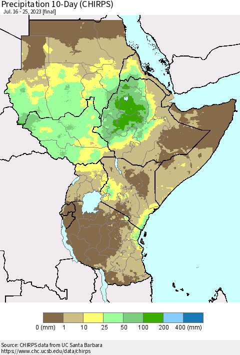 Eastern Africa Precipitation 10-Day (CHIRPS) Thematic Map For 7/16/2023 - 7/25/2023