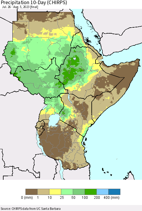 Eastern Africa Precipitation 10-Day (CHIRPS) Thematic Map For 7/26/2023 - 8/5/2023