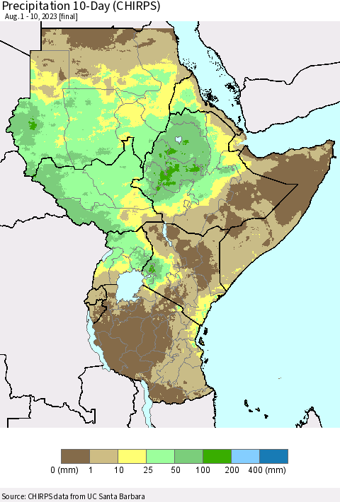Eastern Africa Precipitation 10-Day (CHIRPS) Thematic Map For 8/1/2023 - 8/10/2023