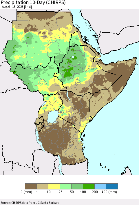 Eastern Africa Precipitation 10-Day (CHIRPS) Thematic Map For 8/6/2023 - 8/15/2023