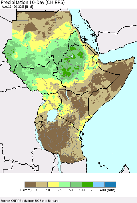 Eastern Africa Precipitation 10-Day (CHIRPS) Thematic Map For 8/11/2023 - 8/20/2023
