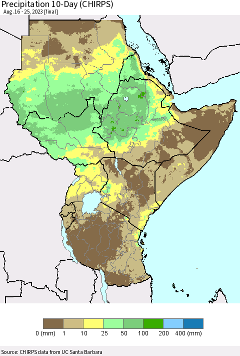Eastern Africa Precipitation 10-Day (CHIRPS) Thematic Map For 8/16/2023 - 8/25/2023