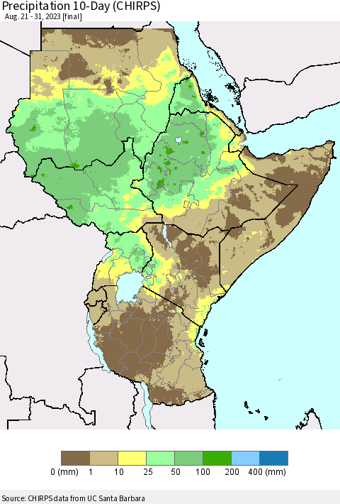 Eastern Africa Precipitation 10-Day (CHIRPS) Thematic Map For 8/21/2023 - 8/31/2023