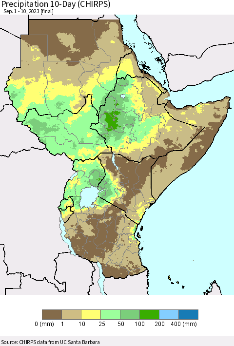 Eastern Africa Precipitation 10-Day (CHIRPS) Thematic Map For 9/1/2023 - 9/10/2023