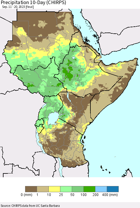 Eastern Africa Precipitation 10-Day (CHIRPS) Thematic Map For 9/11/2023 - 9/20/2023