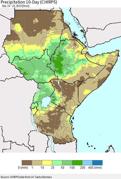 Eastern Africa Precipitation 10-Day (CHIRPS) Thematic Map For 9/16/2023 - 9/25/2023