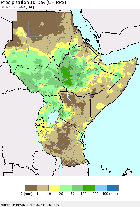 Eastern Africa Precipitation 10-Day (CHIRPS) Thematic Map For 9/21/2023 - 9/30/2023