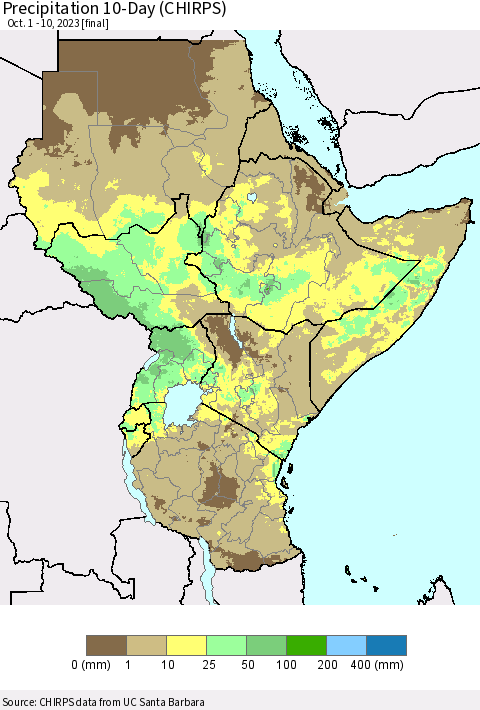 Eastern Africa Precipitation 10-Day (CHIRPS) Thematic Map For 10/1/2023 - 10/10/2023