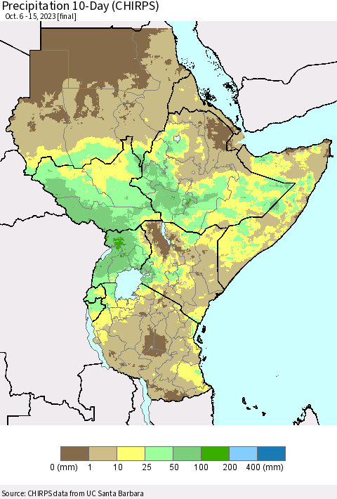 Eastern Africa Precipitation 10-Day (CHIRPS) Thematic Map For 10/6/2023 - 10/15/2023