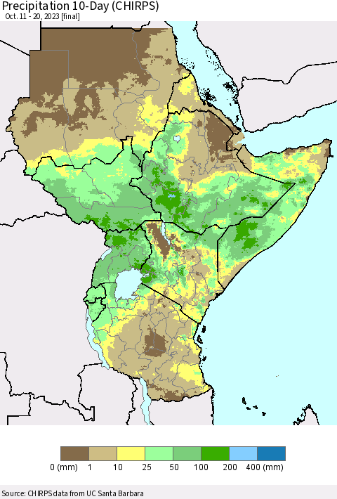 Eastern Africa Precipitation 10-Day (CHIRPS) Thematic Map For 10/11/2023 - 10/20/2023