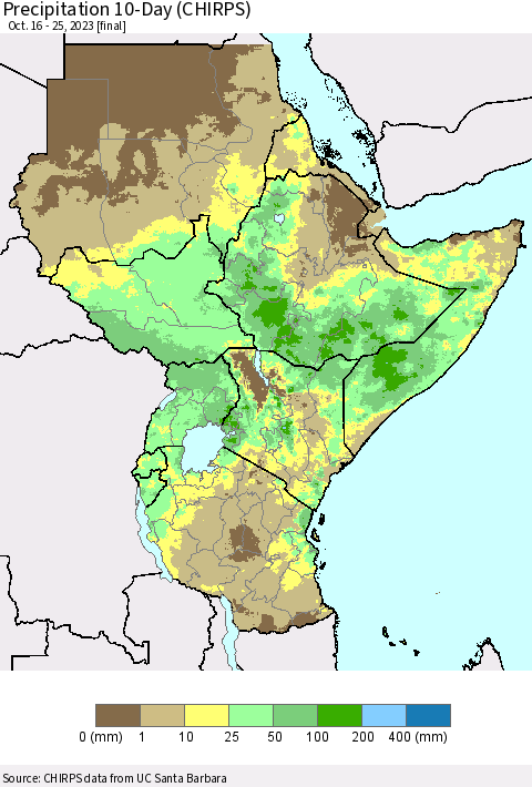 Eastern Africa Precipitation 10-Day (CHIRPS) Thematic Map For 10/16/2023 - 10/25/2023