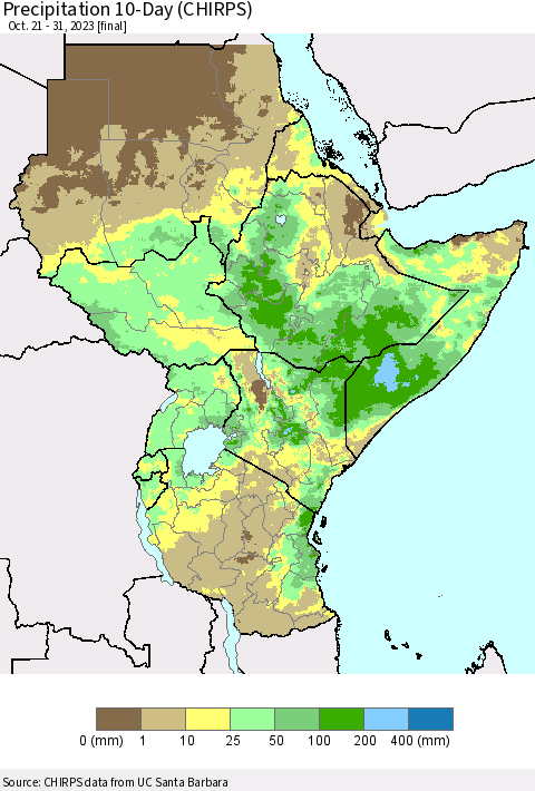 Eastern Africa Precipitation 10-Day (CHIRPS) Thematic Map For 10/21/2023 - 10/31/2023