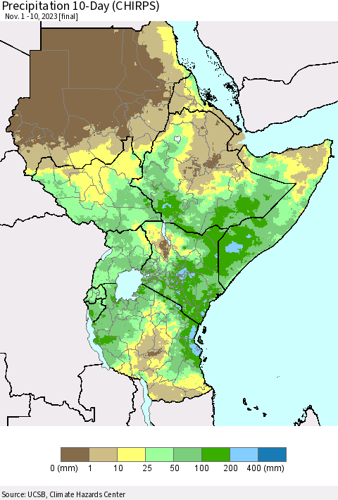 Eastern Africa Precipitation 10-Day (CHIRPS) Thematic Map For 11/1/2023 - 11/10/2023