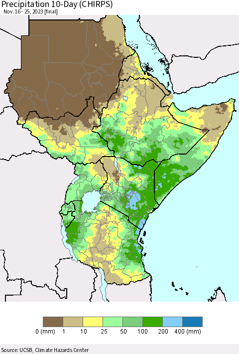 Eastern Africa Precipitation 10-Day (CHIRPS) Thematic Map For 11/16/2023 - 11/25/2023