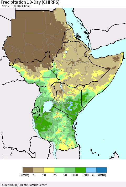 Eastern Africa Precipitation 10-Day (CHIRPS) Thematic Map For 11/21/2023 - 11/30/2023