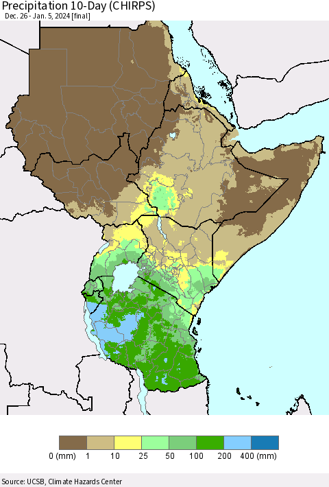 Eastern Africa Precipitation 10-Day (CHIRPS) Thematic Map For 12/26/2023 - 1/5/2024