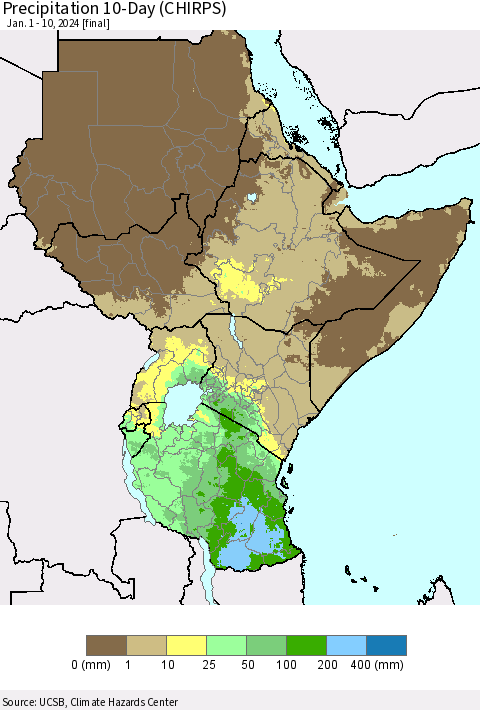 Eastern Africa Precipitation 10-Day (CHIRPS) Thematic Map For 1/1/2024 - 1/10/2024