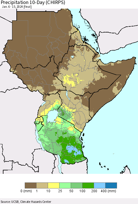 Eastern Africa Precipitation 10-Day (CHIRPS) Thematic Map For 1/6/2024 - 1/15/2024