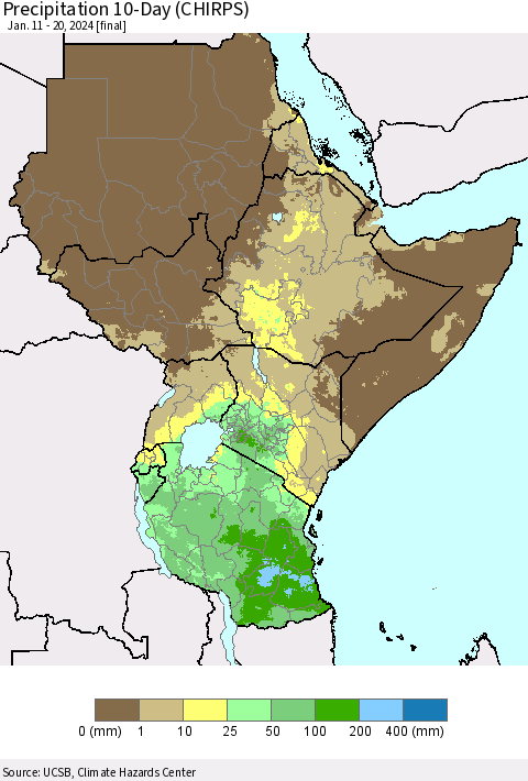 Eastern Africa Precipitation 10-Day (CHIRPS) Thematic Map For 1/11/2024 - 1/20/2024